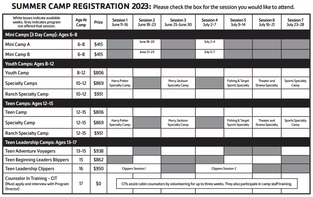 All Session Dates and Prices for Summer Camp 2023