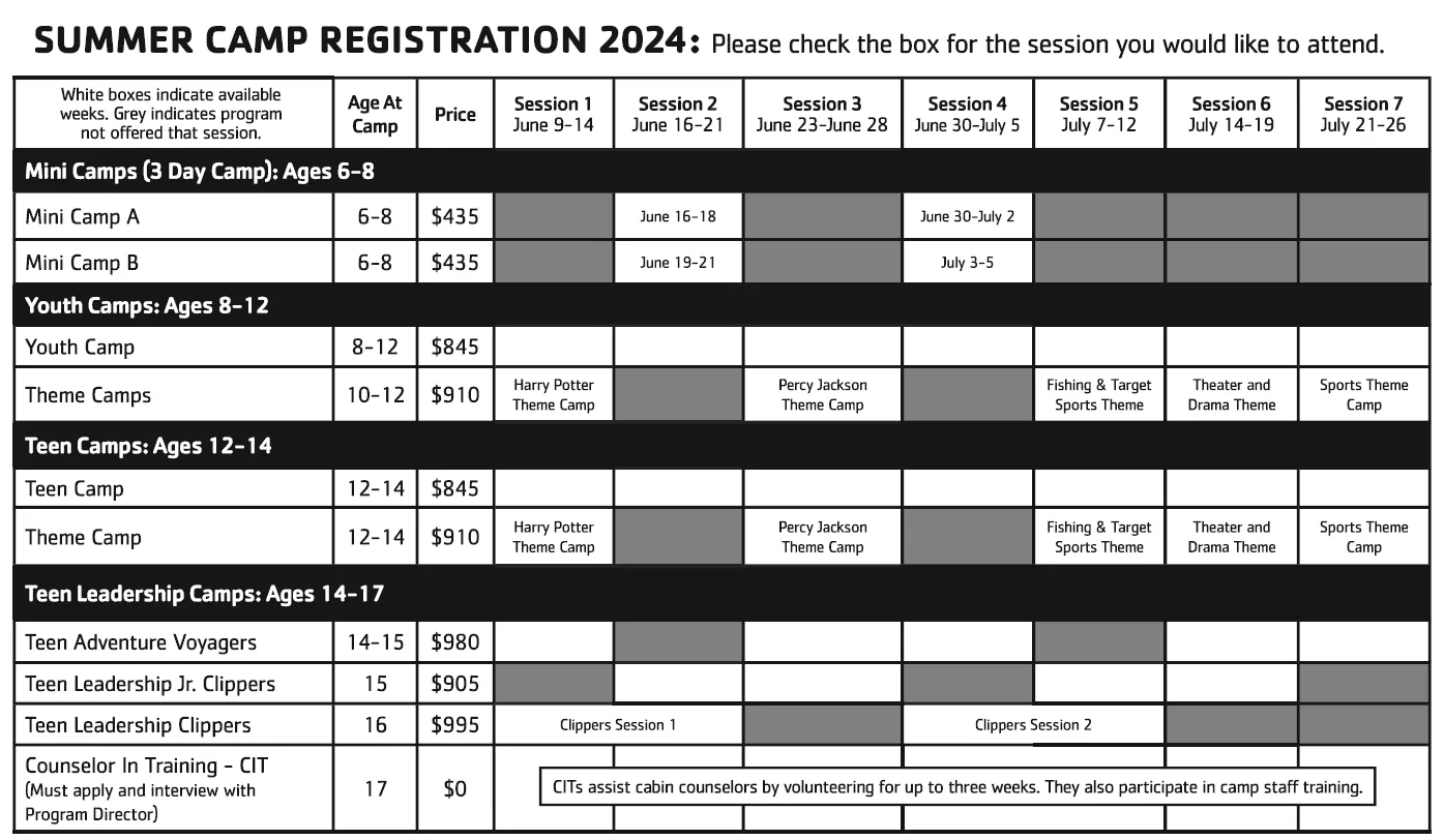 Dates and Rates for Summer Camp 2024